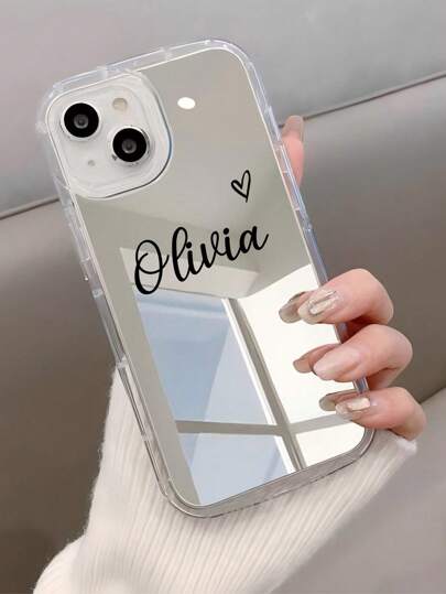 Customized Fashionable Cute Heart-Shaped Letter Signature Design Pink & Apricot Mirror Short Phrase Name Phone Case Protective Cover For IPhone 11 Pro/13 Pro/15 Pro Max, XR, 12, 13, 15, 16 Pro Max