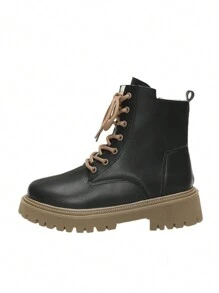 Neue Mode Frauen Große Größen Einfarbig Dicke Sohle Stiefel Herbst Winter Damen Britischer Stil Schnürstiefeletten Knöchel Stiefel
