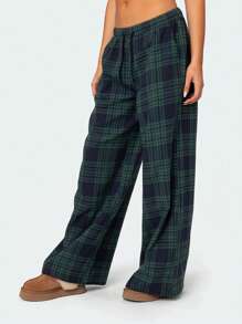 Women's Casual Trousers Classic Plaid Print Elastic Waist Loose Wide Leg Pants Lounge Pants - 藍色 - 查看 4