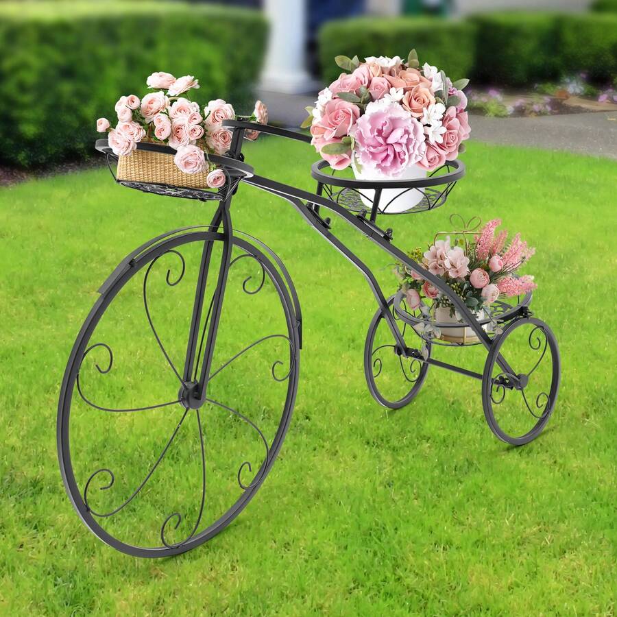 OUKANING Tricycle Planter Metal Plant Stand Baskets Bicycle Garden Bike Flower Pot Decor - màu đen - Xem 1
