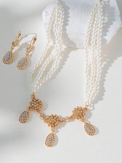 Herseygold 1 Set Pearl Necklace Earrings Gold-Plated Women's Headpiece Jewelry Set, Middle Eastern Arabic Muslim Bride Necklace Set, Luxury Wedding Gift