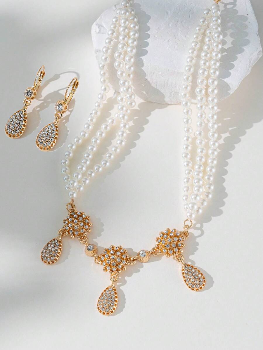 Herseygold 1 Set Pearl Necklace Earrings Gold-Plated Women's Headpiece Jewelry Set, Middle Eastern Arabic Muslim Bride Necklace Set, Luxury Wedding Gift - Gold - View 1