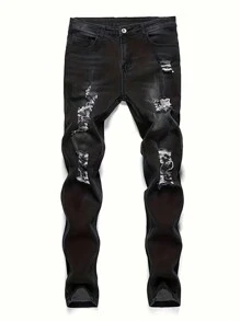 Men's Tight Fitting Ripped Jeans Straight Leg Jeans Slim Fit Ripped Pocket Pants Denim Pants Black - màu đen - Xem 2