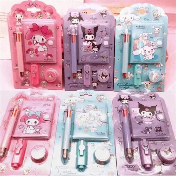 Sanrio Conjunto de papelaria Sanrio Cartoon - caneta de 6 cores, mini bloco de notas, marca-texto, fita adesiva, caderno