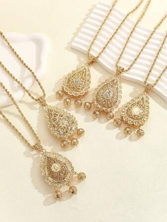 1pc Morroccan Bride Necklace, Algerian Hollow Out 3D Water Drop Pendant, Classic Arabic Wedding Accessory For Women, High-End Party/Festival Jewelry