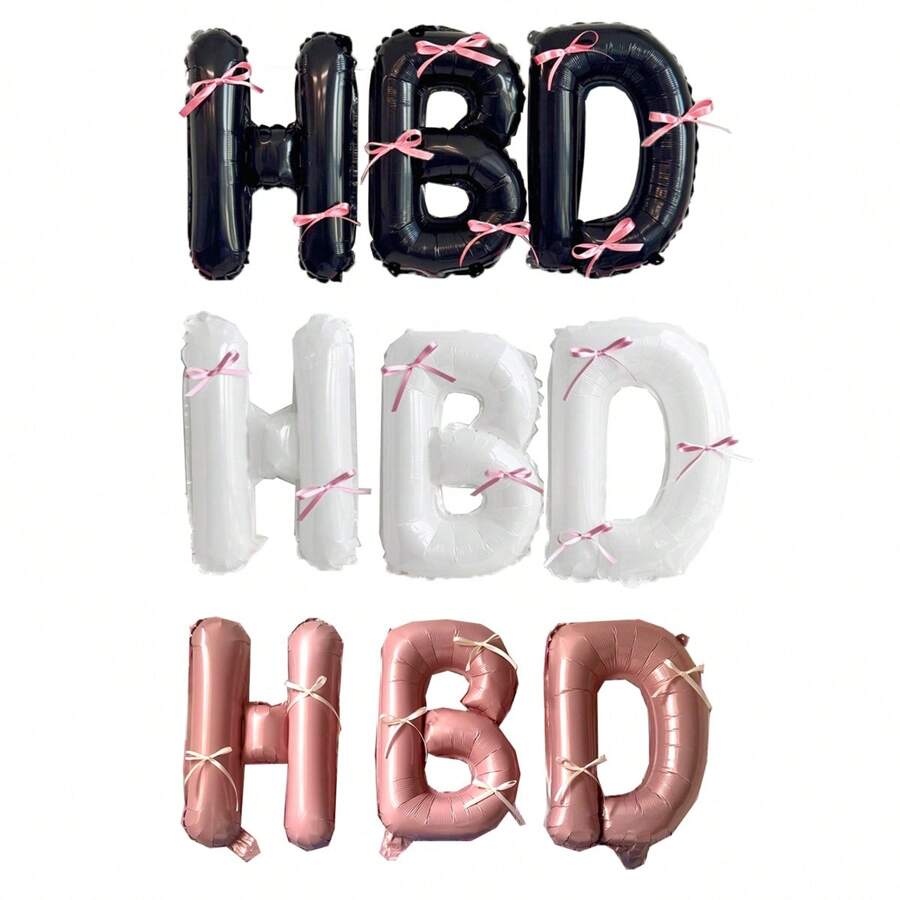 16 英寸黑白粉色 HBD 字母气球铝箔氦气球，聚酯薄膜 HBD 字母气球带粉色蝴蝶结，适用于生日派对装饰用品