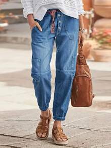 Women's Front Button Multi-Pocket Drawstring Waist Casual Jeans