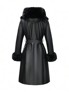 Giolshon Women's Fall/Winter Faux Leather Jacket - Hooded, Faux Fur Collar, Adjustable Waist Belt For Edgy Commuting & Layering - Black - View 8