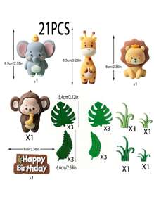 11 Set Jungle Animal Cake Veneer Lion Giraffe Monkey Elephant Happy Birthday Banner Wildlife Themed Birthday Party Supplies