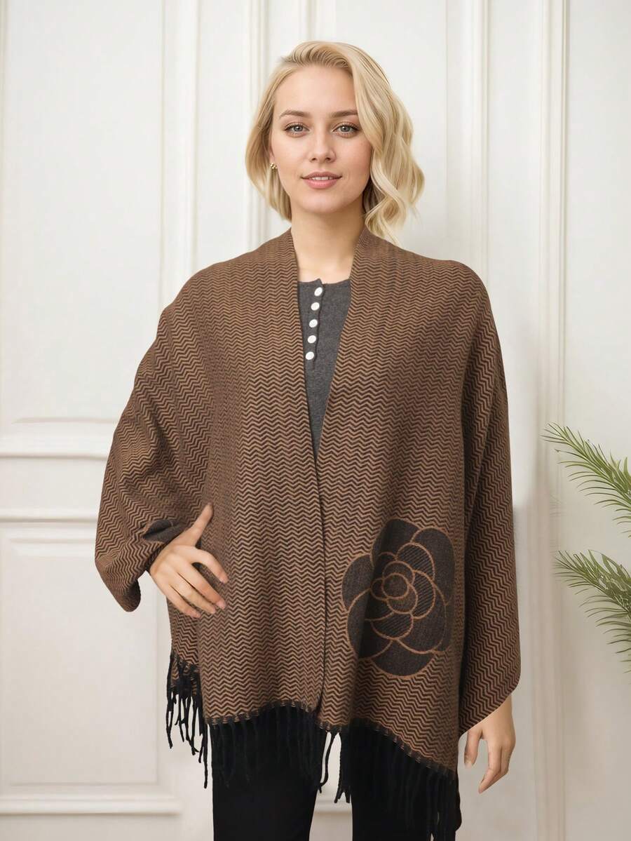 Striped Floral Print Classic Plaid Fringe Scarf For Women Thick Warm Solid Color Fringe Design Scarf