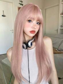 1 件合成耐热直发，珊瑚粉色长假发，26 英寸长，由纤维制成，适合日常使用，自然逼真的假发。 - 珊瑚粉 - 查看 5