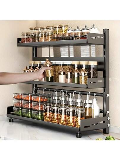 Multifunktionaler 2/3-stöckiger Metall-Gewürzregal mit Besteckaufbewahrung, Stahl-Mehrebenenregal für Gewürze für Küchenarbeitsplatten, multifunktionales Regalset zum Organisieren von Gewürzaufbewahrung, geeignet für Zuhause, Küche und Esszimmer