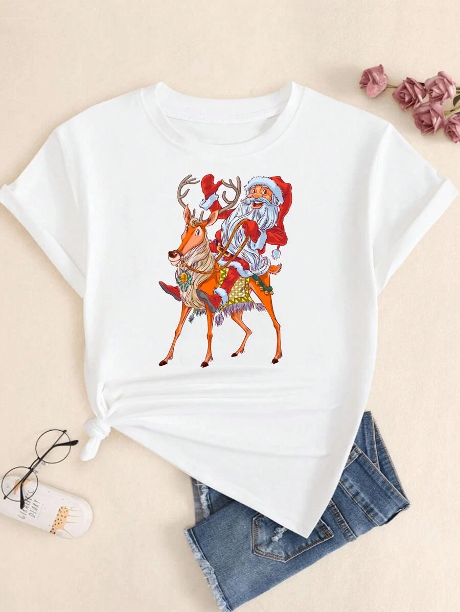 Christmas T-Shirt Modern Style Classic T-Shirt Premium Cotton Breathable Comfortable - 白色 - 查看 1
