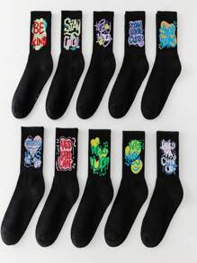 5pairs/Set Men's Random Ink Splatter Colorful Letter Print Mid-Calf Socks