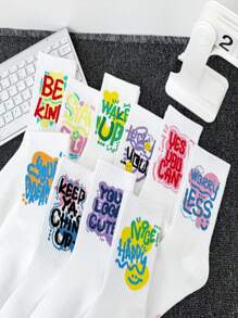 5pairs/Set Men's Random Ink Splatter Colorful Letter Print Mid-Calf Socks