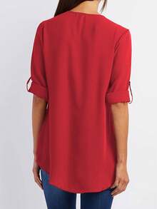 女士半开领长袖休闲衬衫 - 紅色 - 查看 4