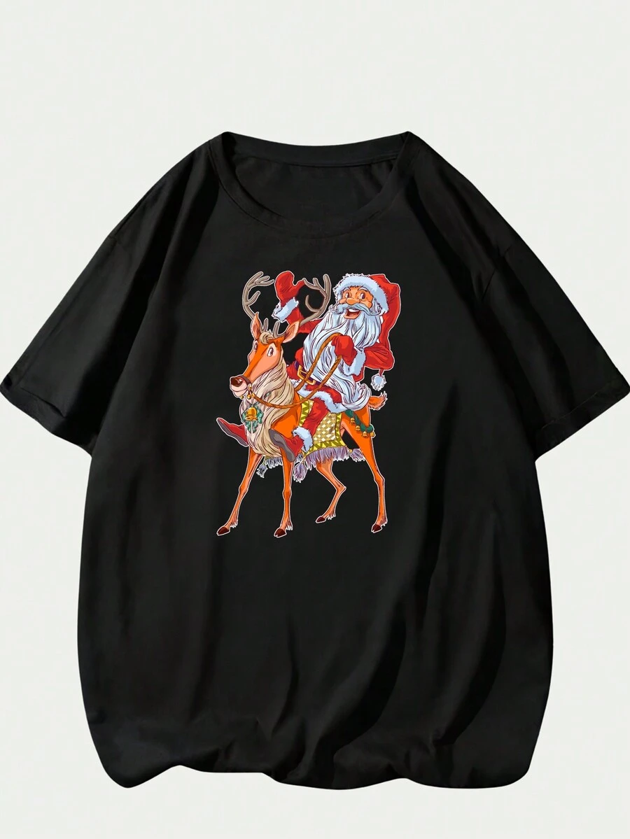 Christmas T-Shirt Modern Style Classic T-Shirt Premium Cotton Breathable Comfortable - 黑色 - 查看 1