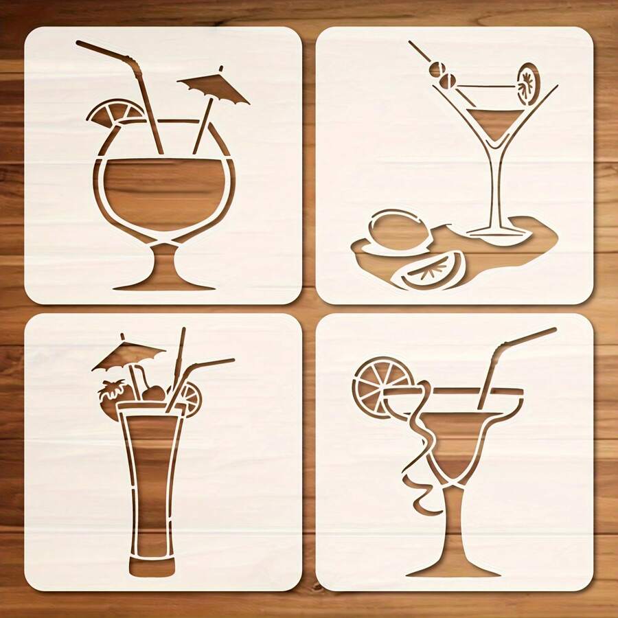 4 Pcs Drink Stencil Reusable For Painting With Paint Brush Drawing ...