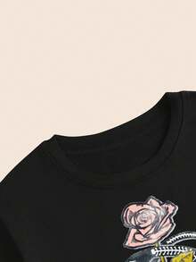Cotton T-Shirt Nature Style Floral Art T-Shirt Comfort Premium Breathable Elegant Babylook Summer - 黑色 - 查看 2