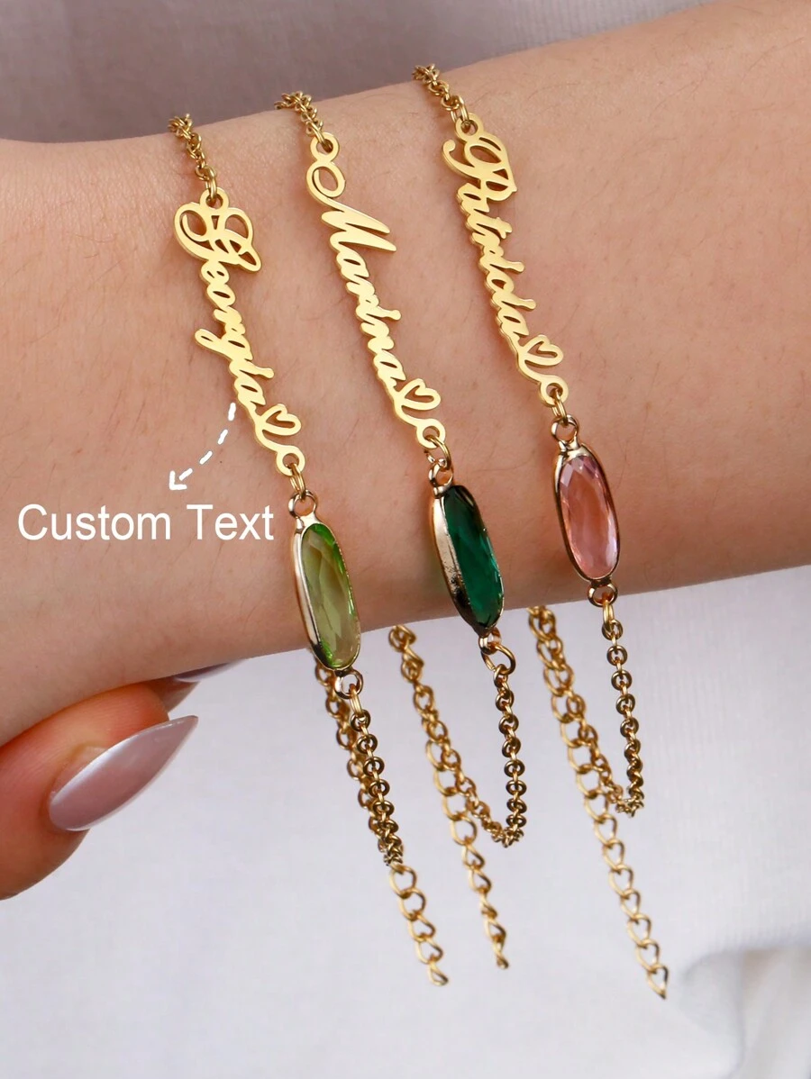 女士定制姓名手链，带有诞生石吊饰，个性化优雅十二月诞生石节日手链，不锈钢复古男士 5 毫米链条可调节手链铭牌珠宝生日节日礼物适合送给女朋友圣诞节情人节精美礼物 - 金色 - 查看 1