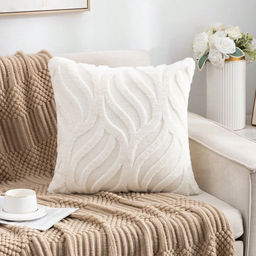 1pc Plush Embossed Decorative Pillow Cover, Square, Minimalist Style, Suitable For Living Room, Bedroom, All Seasons - Milky White - View 1