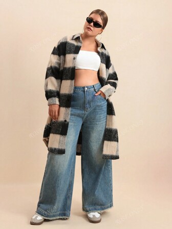 Plus Size Vrouwen Casual Losse Geruite Omslagkraag Middellange Fluffy Jas, Herfst/Winter