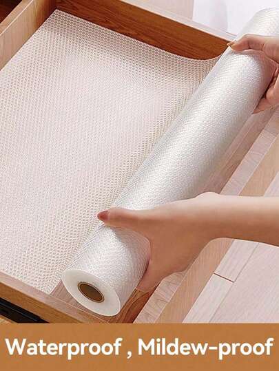 1 rollo de 11,8*118 pulgadas de forro para estantes, cajones y gabinetes. Material de EVA semicransparente, resistente al agua, a la humedad, al moho, al aceite y antideslizante. Reforzado, resistente al desgaste, lavable y reutilizable, se puede cortar a medida, adecuado para estantes, gabinetes, refrigeradores, cajones, perchas para zapatos, sin adhesivo