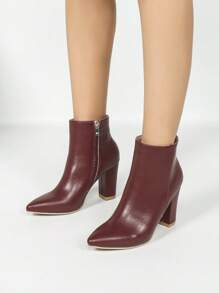 Women's Burgundy Pointed Toe Chunky Heel Casual Elegant Fashionable Ankle Boots, Versatile Comfortable Warm Daily Wear And Dating Outfit, Show Taller