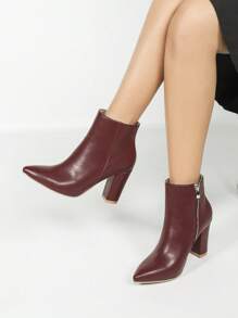 Women's Burgundy Pointed Toe Chunky Heel Casual Elegant Fashionable Ankle Boots, Versatile Comfortable Warm Daily Wear And Dating Outfit, Show Taller