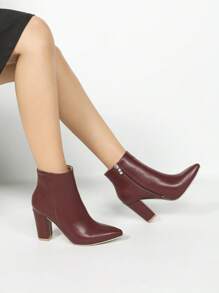 Women's Burgundy Pointed Toe Chunky Heel Casual Elegant Fashionable Ankle Boots, Versatile Comfortable Warm Daily Wear And Dating Outfit, Show Taller