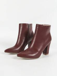 Women's Burgundy Pointed Toe Chunky Heel Casual Elegant Fashionable Ankle Boots, Versatile Comfortable Warm Daily Wear And Dating Outfit, Show Taller