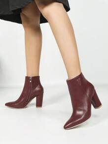 Women's Burgundy Pointed Toe Chunky Heel Casual Elegant Fashionable Ankle Boots, Versatile Comfortable Warm Daily Wear And Dating Outfit, Show Taller