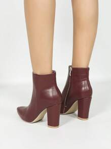 Women's Burgundy Pointed Toe Chunky Heel Casual Elegant Fashionable Ankle Boots, Versatile Comfortable Warm Daily Wear And Dating Outfit, Show Taller