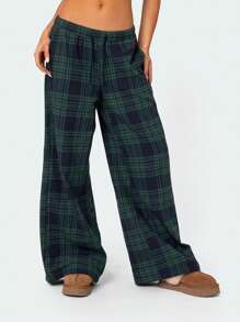 Women's Casual Trousers Classic Plaid Print Elastic Waist Loose Wide Leg Pants Lounge Pants - 藍色 - 查看 3