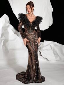 Autumn Winter V-Neck Long Sleeve Multi-Layer Ruffle Sequins Evening Gown, Backless Fitted Mermaid Dress With Train Party Dress Wedding Guest Dress Formal Dress - Black - View 6
