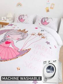 Juego de ropa de cama de 3 piezas con estampado de luna y estrellas para niñas, estilo princesa en colores pastel de poliéster, funda nórdica y funda de almohada, adecuado para todas las estaciones, ideal para el Día de San Valentín