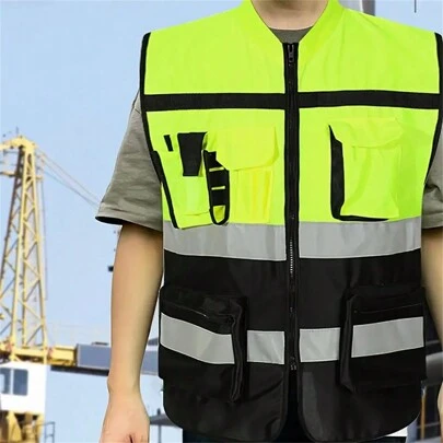 Quần áo phản quang khối màu xanh lá cây/cam Quần áo đạp xe Áo phản quang Cổ đứng Áo khoác phản quang Quần áo phản quang Thiết bị bảo hộ lao động