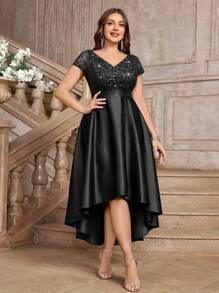 Plus V-Neck Lace Sequin Insert Contrast Satin High Low A-Line Hem Evening Party Formal Dress, Prom Dress, Wedding Guest Dress, New Year Dress, For Birthday, Homecoming, Festivals - Black - View 5