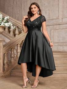 Plus V-Neck Lace Sequin Insert Contrast Satin High Low A-Line Hem Evening Party Formal Dress, Prom Dress, Wedding Guest Dress, New Year Dress, For Birthday, Homecoming, Festivals - Black - View 7