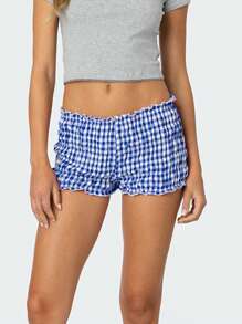 Women Plaid Shorts, Elastic Waist Casual Shorts Summer Streetwear For Daily Date - 藍色 - 查看 2