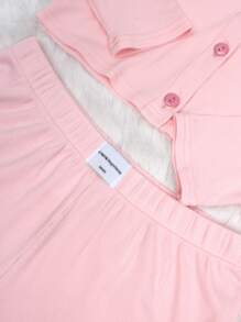 2pcs Women Autumn Solid Color Casual Fashion Minimalist Round Neck Single Breasted Long Sleeve Top & Elastic Waist Shorts Lounge Wear Pajama Set, Suitable For Homewear, Two Pieces Set, Fall Winter Clothes