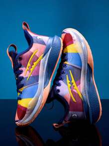 新款优质男士运动篮球鞋，橡胶外底，均匀胎面花纹，抓地防滑，女式专业篮球鞋，鞋面轻便透气，厚衬里，保护脚部并保持稳定，男女高回弹减震篮球鞋，潮流街头篮球鞋，舒适户外运动鞋，休闲校园情侣篮球鞋 - 彩色 - 查看 6