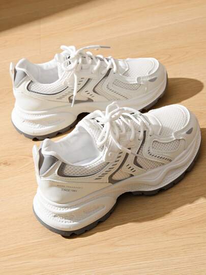 Women's Spring/Autumn New Casual Chunky Sneakers, Mesh Breathable Platform Wedge Heel Comfortable Lace-Up Lightweight Versatile Fashion Sneakers, White/Gray, Suitable For All Seasons, Athleisure Shoes