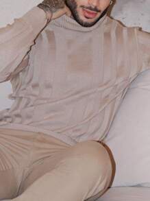 Men's Knitted Sweater, Cacharrel, High Neck, Long Sleeve, Plain, Chic, Ribbed - Màu be - Xem 2