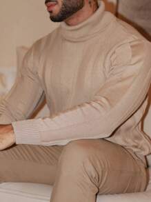 Men's Knitted Sweater, Cacharrel, High Neck, Long Sleeve, Plain, Chic, Ribbed - Màu be - Xem 3