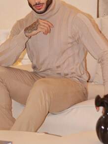 Men's Knitted Sweater, Cacharrel, High Neck, Long Sleeve, Plain, Chic, Ribbed - Màu be - Xem 4