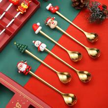 طقم ملعقة عيد الميلاد من الفولاذ المقاوم للصدأ 6 قطع، طقم ملعقتي وشوكة عيد ميلاد بتصميم طبق الحلوى