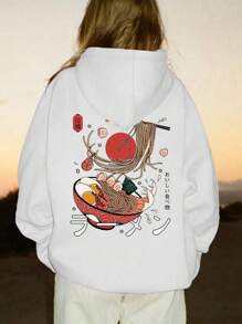 拉面印花休闲白色连帽衫 - 白色 - 查看 2