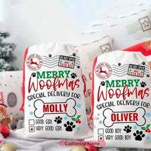 Sac de cadouri personalizat cu nume de câine, Moș Crăciun, ciorap de Crăciun, Merry Woofmas, cățeluș pentru animale de companie, primul Crăciun, pungă de cadouri pentru acasă, sub brad, decorare pentru șemineu, cadou de Crăciun, cadouri de Crăciun