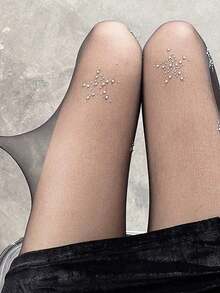2pcs Women's Rhinestone Decorated Shiny Mesh Stockings, Sexy Black Thigh High Thin Socks Suitable For Party, Summer